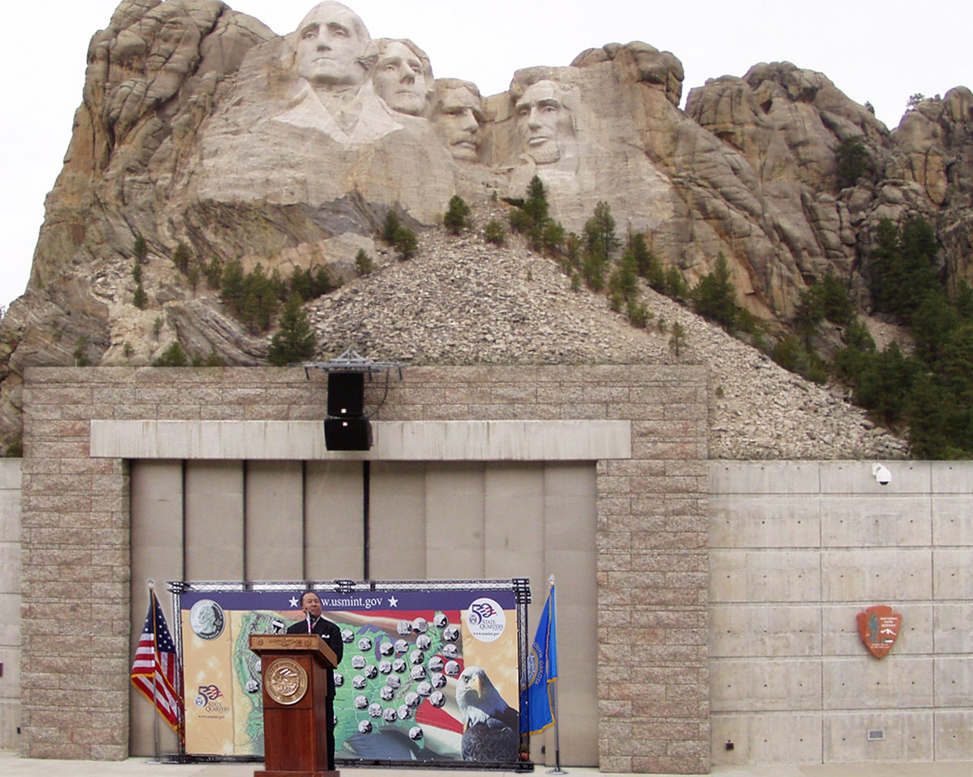 Sharing remarks at the Mount Rushmore Amphitheater under the watchful eyes of Presidents Washington, Jefferson, Roosevelt, and Lincoln.